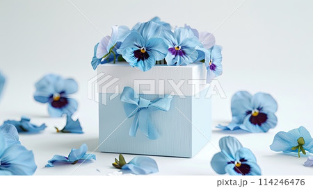 Elegant Blue Gift Box with Blooming Pansies Overflowing, ai-generated item 114246476