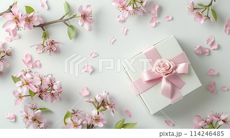 Spring Blossom and Gift Box with Pink Ribbon on White Background, ai-generated item 114246485