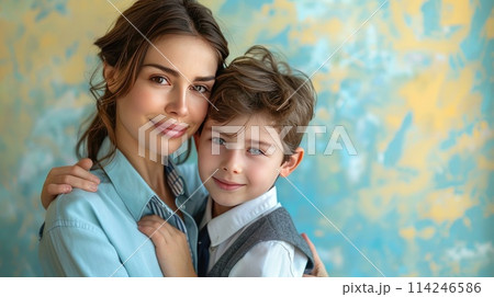Tender Mother-Child Embrace Against Artistic Background, ai-generated item 114246586