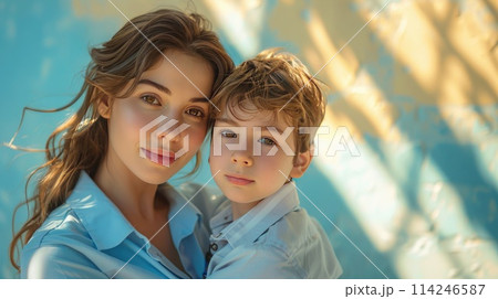 Serene Mother and Child Portrait in Golden Hour Light, ai-generated item 114246587