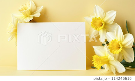 Blank Greeting Card with Yellow Daffodils on Pastel Background, ai-generated item 114246616