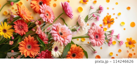 Colorful Gerbera Daisies with Petals on Pastel Background, ai-generated item Colorful Gerbera Daisies with Petals on Pastel Background, ai-generated item 114246626
