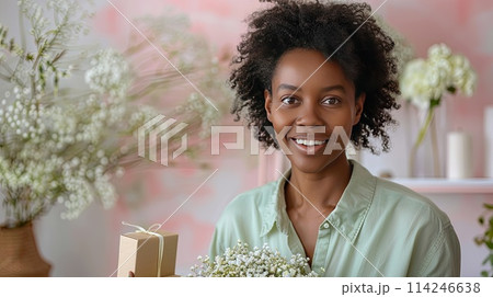 Radiant Woman with Flowers and Gift in Springtime Setting, ai-generated item 114246638