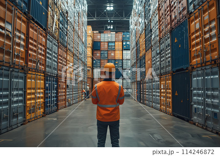 Confident inspector standing in front of cargo containers in warehouse. 114246872