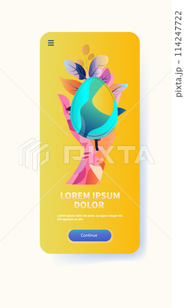 Happy Easter greeting card human hand holding egg holiday celebration card vertical copy space 114247722