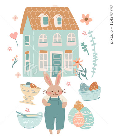 Happy Easter greeting card with rabbits house eggs and spring flowers pastel colors holiday celebration card 114247747