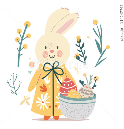 Happy Easter greeting card with rabbit eggs and spring flowers pastel colors holiday celebration card 114247762