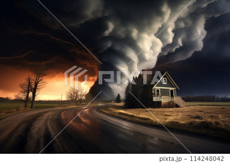 Disaster catastrophe storm concept - tornado in a field in the USA with wooden house and road under stormy dark sky 114248042