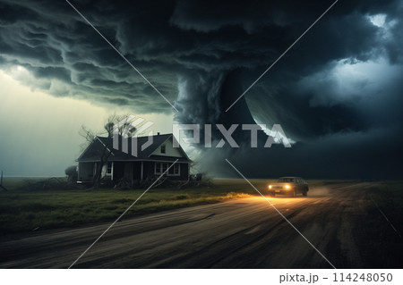 Disaster catastrophe storm concept - tornado in a field in the USA with wooden house and car on road under stormy dark sky Disaster catastrophe storm concept - tornado in a field in the USA with wooden house and car on road under stormy dark sky 114248050