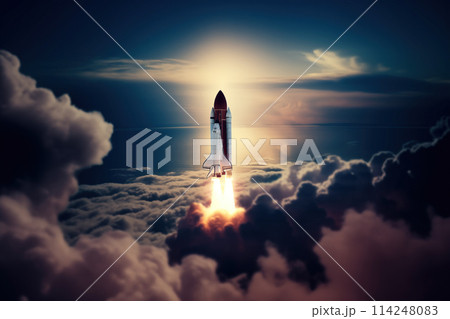 Aerial view of a rocket shuttle carrier launch at sunrise over an ocean coast. The rocket is blasting off with a trail of smoke and flames behind it. Aerial view of a rocket shuttle carrier launch at sunrise over an ocean coast. The rocket is blasting off with a trail of smoke and flames behind it. 114248083