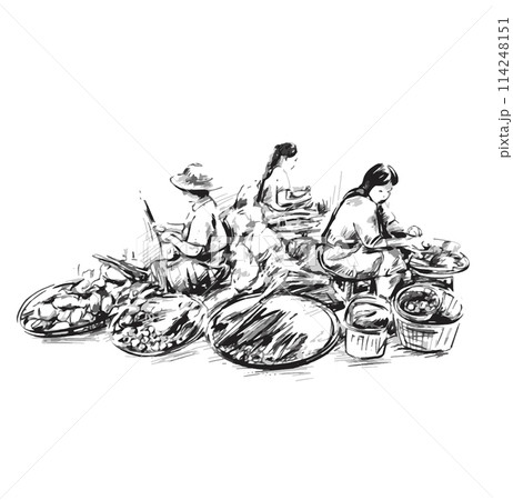 Drawing background of sales at local market in Myanmar  114248151
