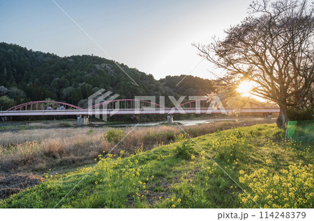 茨城　夕暮れの那珂川大橋 114248379