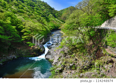 Houki River and Nunotaki Falls flowing through - Stock Photo