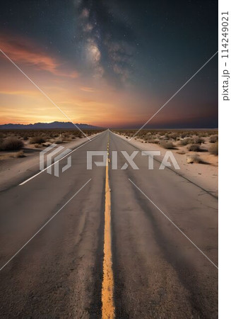 夜明け前の直線道路 114249021