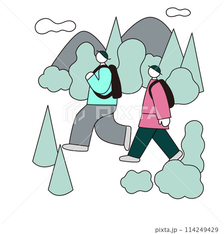 ハイキング、線画、シンプル、ベクター 114249429