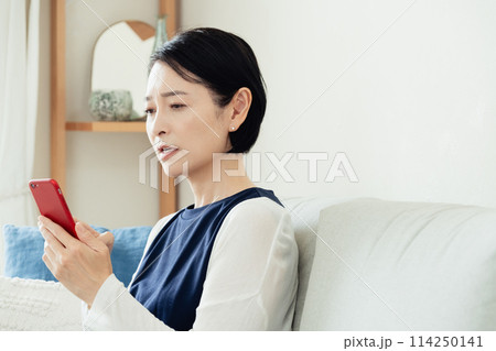 リビングでスマホを使う女性 リビングでスマホを使う女性 114250141
