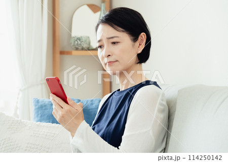 リビングでスマホを使う女性 114250142