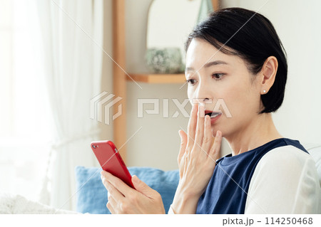 リビングでスマホを使う女性 114250468