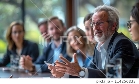 A man in a suit is talking to a group of people 114250835
