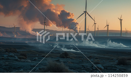 A large industrial area with many wind turbines and a lot of smoke 114250859
