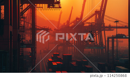 A large industrial area with many cranes and containers A large industrial area with many cranes and containers 114250868