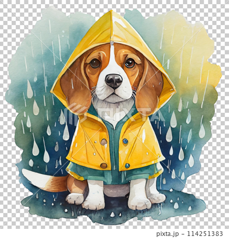 黄色いレインコートを着たビーグル犬の水彩画イラスト4 114251383