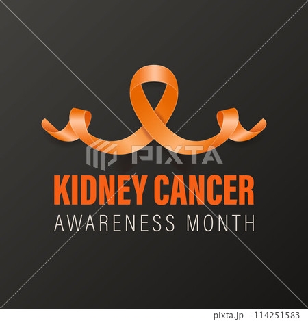 Kidney Cancer Banner, Card, Placard with Vector 3d Realistic Orange Ribbon on Black Background. Kidney Cancer Awareness Month Symbol Closeup. World Kidney Cancer Day Concept 114251583