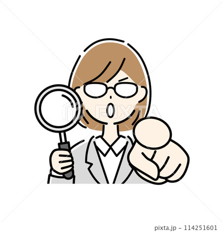 虫メガネを持って指差すビジネスウーマン 虫メガネを持って指差すビジネスウーマン 114251601