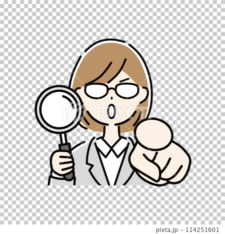 虫メガネを持って指差すビジネスウーマン 虫メガネを持って指差すビジネスウーマン 114251601