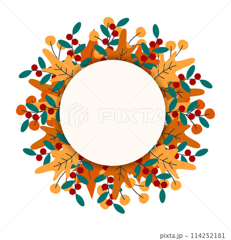 Abstract round frame of leaves and berry sprigs with copy space in trendy autumn shades Template Abstract round frame of leaves and berry sprigs with copy space in trendy autumn shades Template 114252181