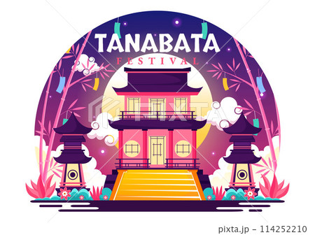 Tanabata Japan Festival Vector Illustration with People Wearing Kimono and Peonies Flowers in National Holiday Flat Cute Cartoon Background Tanabata Japan Festival Vector Illustration with People Wearing Kimono and Peonies Flowers in National Holiday Flat Cute Cartoon Background 114252210