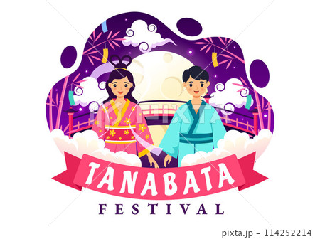 Tanabata Japan Festival Vector Illustration with People Wearing Kimono and Peonies Flowers in National Holiday Flat Cute Cartoon Background 114252214
