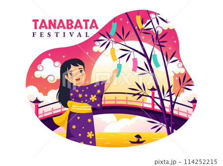 Tanabata Japan Festival Vector Illustration with People Wearing Kimono and Peonies Flowers in National Holiday Flat Cute Cartoon Background 114252215