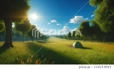 大自然の中でキャンプをするシーン 大自然の中でキャンプをするシーン 114253043