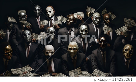 A group of men in suits and masks are shown holding money 114253261