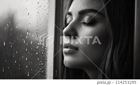 冷たい雨　悲しそうな女性 114253295