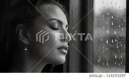 冷たい雨　悲しそうな女性 114253297