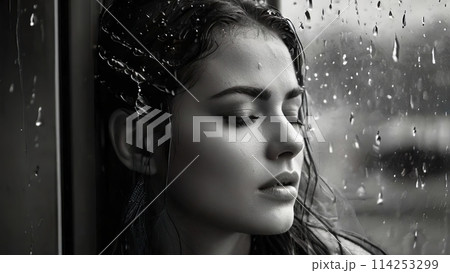 冷たい雨　悲しそうな女性 114253299