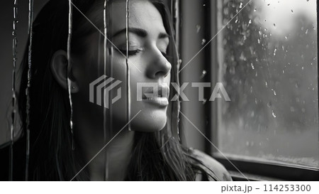 冷たい雨　悲しそうな女性 114253300