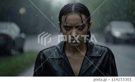 冷たい雨　悲しそうな女性 114253301