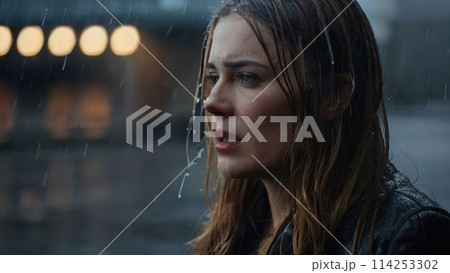 冷たい雨　悲しそうな女性 114253302