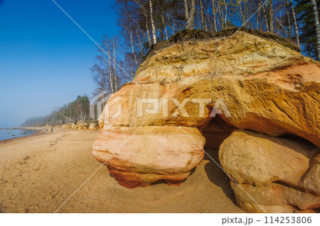 Veczemju Klintis, Veczemju Cliffs on Baltic Sea Near Tuja, Latvia. Beautiful Sea Shore With Limestone and Sand Caves 114253806