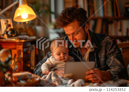 Man Holding Baby While Looking at Tablet 114253852