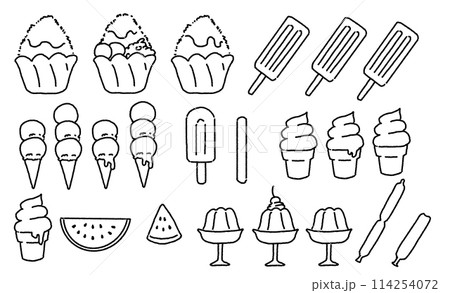 シンプルな手描きの冷たいお菓子のイラストセット シンプルな手描きの冷たいお菓子のイラストセット 114254072