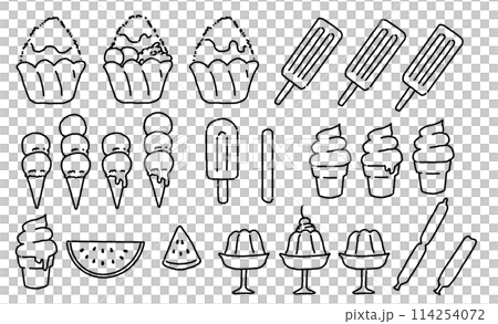 シンプルな手描きの冷たいお菓子のイラストセット シンプルな手描きの冷たいお菓子のイラストセット 114254072