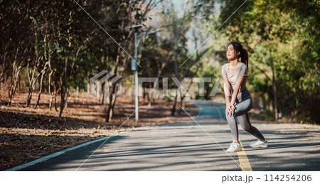 Fitness-conscious woman performing stretches on a sunlit pathway surrounded by trees, preparing for a morning jog. 114254206
