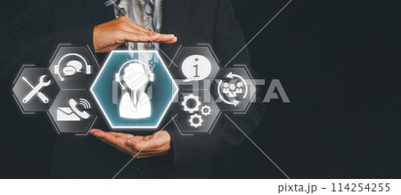 Technical support concept, Businesswoman hands holding technical support icon on virtual screen. Technical support concept, Businesswoman hands holding technical support icon on virtual screen. 114254255