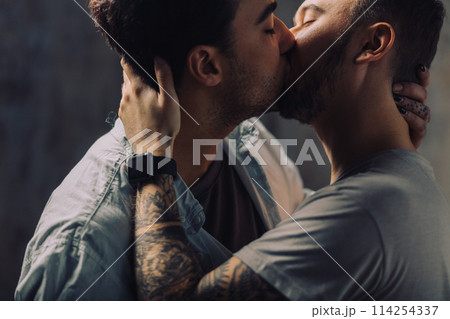 Cay couple enjoy togetherness indoors, kiss each other 114254337