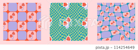 Psychedelic checkerboard and daisy background set. Wavy vector illustrations, trendy psychedelic style and groovy color checkerboard. Psychedelic checkerboard and daisy background set. Wavy vector illustrations, trendy psychedelic style and groovy color checkerboard. 114254649