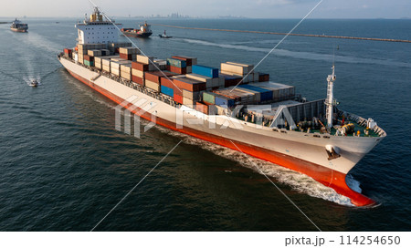 Aerial view container cargo ship maritime carrying container, Global business import export logistic freight shipping transportation international by container cargo ship, Container fright shipping. 114254650